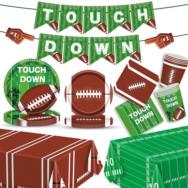 BACOKEY Football Party Supplies Kit Includes Dinner Plates, Dessert Plates, Napkins, Cups, Touch Down Banner and Tablecloth for Football Theme Birthday and Gameday Tailgate Party Decorations, Serve 24