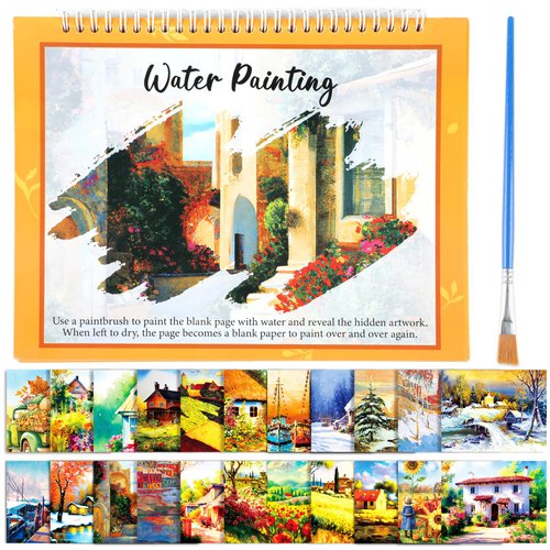 ZOIIWA Dementia Products for Elderly Reusable Water Painting Toys Country Life Water Doodle Coloring Book with A Painting Brush for Adults Seniors Drawing Christmas Gift for Dementia Alzheimer