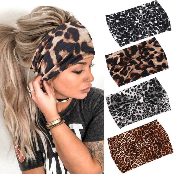 GORTIN Boho Headbands Black Yoga Leopard Hair Bands Stretch Wide Head Bands Twist Turban Knot Sweatbands Elastic Hair Wraps for Women and Girls Pack of 4