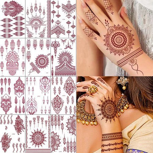 Xmasir 12 Sheets Brown Henna Tattoo Kit, Waterproof Henna Tattoo Stickers for Women Wedding Party Henna Stickers (Brown)