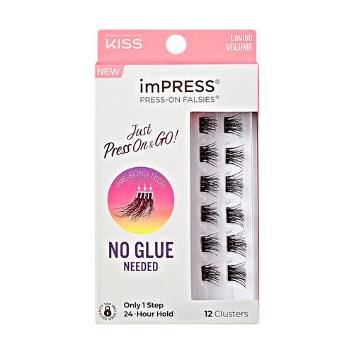 KISS imPRESS False Eyelashes, Lash Clusters, Falsies, Lavish Volume', 12mm-14mm, Includes 12 pieces of pre-bonded lashes, Contact Lens Friendly, Easy to Apply, Reusable Strip Lashes