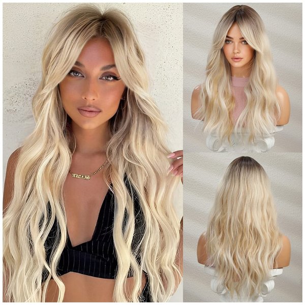 BERON Blonde Wigs Long Wavy Women Wigs with Bangs Blonde Ombre Curly Heat Resistant Synthetic Wigs for Daily Wigs Wig Cap Included