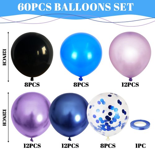 Black Purple Blue Balloon, 60 PCS Outer Space Balloons, Metallic Navy Blue Purple Black Balloons Pearl Purple Blue Confetti Latex Balloons for Kids Boys Astronaut Space Birthday Party Decorations