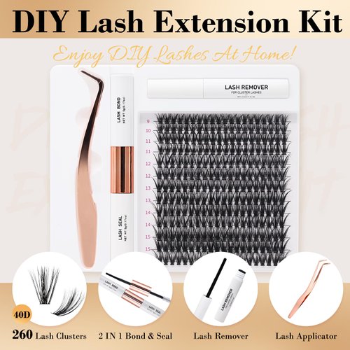 Miuffue DIY Lash Extension Kit 260 PCS Individual Cluster Lashes Kit 0.07D 9-16mm MIX 40D Eyelash Extension Kit Lash Bond and Seal Glue Remover with Eyelash Tweezers（C Curl)