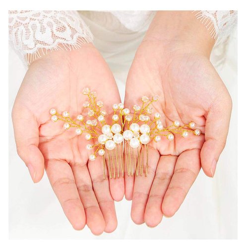 Yokawe Bridal Wedding Hair Comb Gold Crystal Bride Side Combs Pearl Hair Accessories for Women and Girls