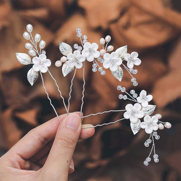 Bridal Headpieces Hair Combs, Handmade Hair Comb Set Flower Pearl Hair Barrettes, Crystal Floral Leaf Hair Clip Hair Accessories for Women Girls Bride Bridesmaid