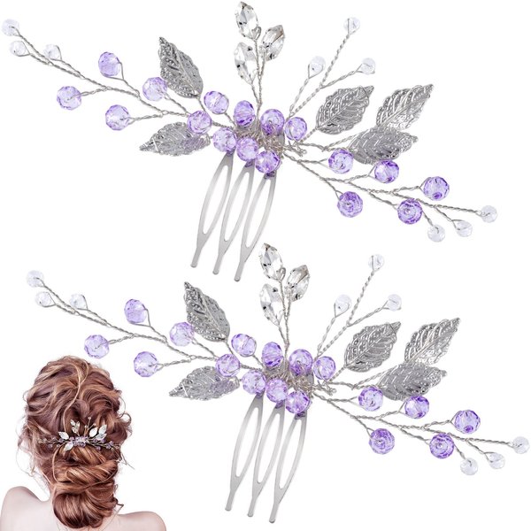 PAGOW 2PCS Leaf Hair Combs, Purple Rhinestone Hair Comb Clips, Hair Side Comb Clips, Crystal Wedding Headpiece Hair Accessories For Women, Girls, Bride, Bridesmaid (4.73 x 2.76 inch)