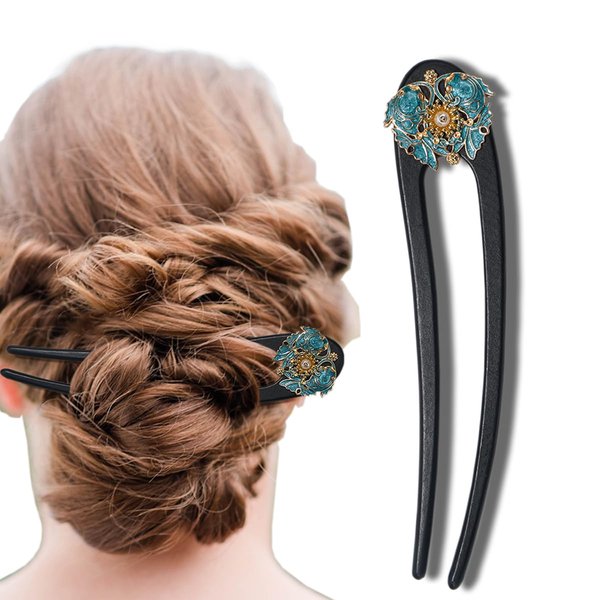 U Shape Wooden Hair Sticks, Ebony Sandalwood French Hair Forks, Hairpin with Double Fish Koi, Hair Sticks for Thick, Long Hair, for Women Chignon Bun Updo Hairstyle