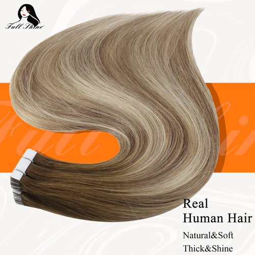 Fshine Tape in Hair Extension 18 Inch Blonde Human Hair Seamless PU Tape in Hair Ombre Color 3 Dark Brown Fading to 6 and 22 Remy Human Hair Adhesive Tape in Extensions 20 Pcs 50 Gram Real Hair