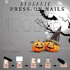 Halloween Short Square Press on Nails Skeleton Skull Acrylic False Nails Ghost Face Design Fake Nails Gel Glue on Nails Glossy Black Spider Full Cover Stick on French False Nails for Women Girls 24Pcs