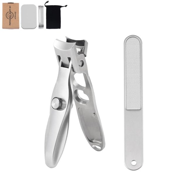 Wokyt German Nail Clippers Lux Stainless Steel Grip Nail Clipper Set, Ultra Sharp Wide Opening Splash Proof German Toenail Clippers for Men, Women and Seniors, Cut Thick Nails Easily (Silver)