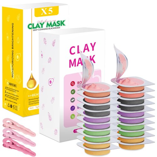 Aaenouicfs 20 Pods Clay Facial Mask Set - Green Tea,Turmeric, Dead Sea Mud,Rose, 24K Gold，Eggplant,Avocado，Mud Mask Deep Pore Cleansing Acne Blackhead Removal,Men & Women Face Mask Skin Care.