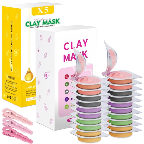 Aaenouicfs 20 Pods Clay Facial Mask Set - Green Tea,Turmeric, Dead Sea Mud,Rose, 24K Gold，Eggplant,Avocado，Mud Mask Deep Pore Cleansing Acne Blackhead Removal,Men & Women Face Mask Skin Care.