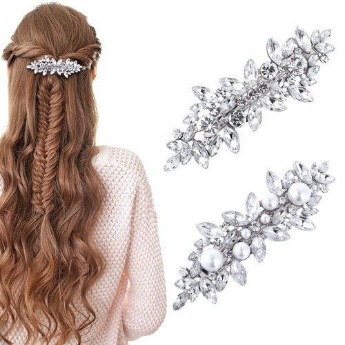 Rhinestone Hair Clips, 2 Pcs Crystal Hair Clips Sparkly Hair Clips Prom Hair Accessories Fancy Hair Clips Silver Hair Clips For Women Jeweled Hair Clips For Brides Flower Girls Jewelry Barrette