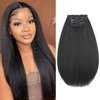 Kinky Straight Clip in Hair Extensions for Black Women Natural Black Full Head Yaki Kinky Straight Synthetic Hair 4Pcs 11 Clips 140g/Set (16 inch)