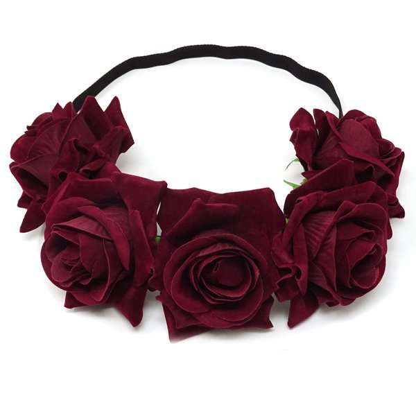 HONBAY 7cm/2.76inch Rose Flower Crown Elastic Headband Hair Band Festival Hair Garland Wedding Headpieces (Red Wine)