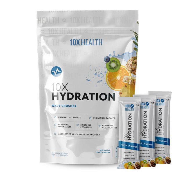 10X Health Hydration Packets Wave Crusher Electrolyte Drink Mix Liquid 15 Stickpacks with Magnesium Citrate, Sodium & Potassium - Natural Flavored Sugar Free Electrolyte