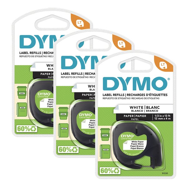 DYMO LT Paper Labels for LetraTag Label Makers, Black Print on White Labels, 1/2-Inch x 23-Foot Rolls, 3 Count
