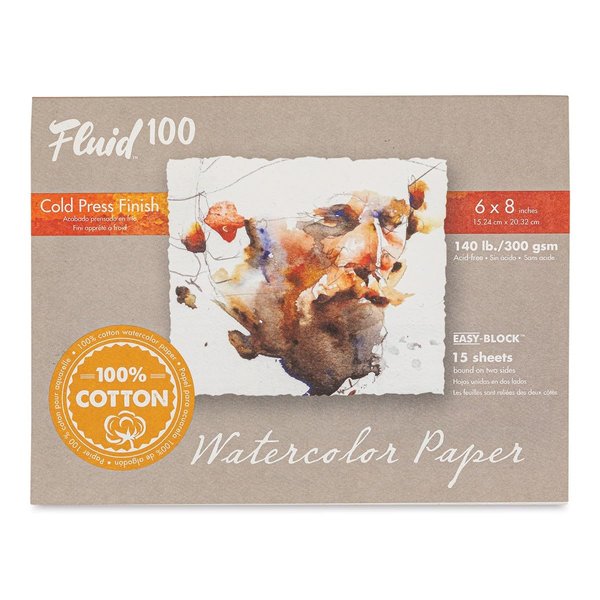 Fluid 100 Artist Watercolor Block, 140 lb (300 GSM) 100% Cotton Cold Press Pad for Watercolor Painting and Wet Media w/Easy Block Binding, 6 x 8 inches, 15 Sheets