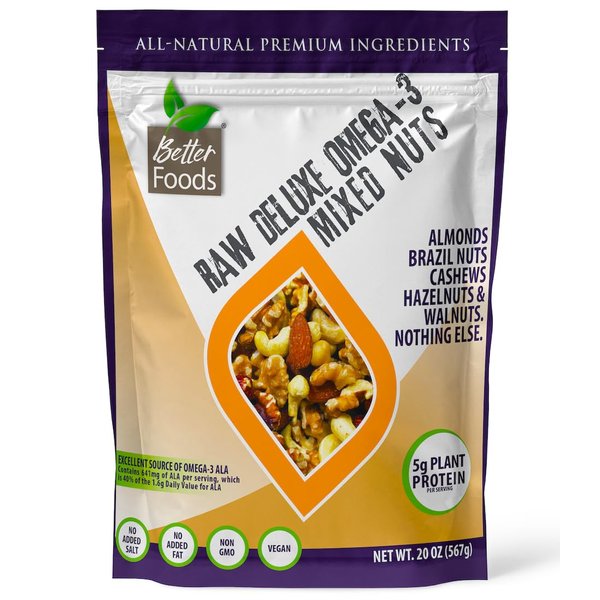 BetterFoods Raw Unsalted Deluxe Omega-3 Mixed Nuts - No Added Salt/Sugar, Non-GMO, Gluten/Soy-Free, Vegan - Almonds, Brazil Nuts, Cashews, Hazelnuts, Walnuts - Wholesome Snacking and Toppings, 20oz