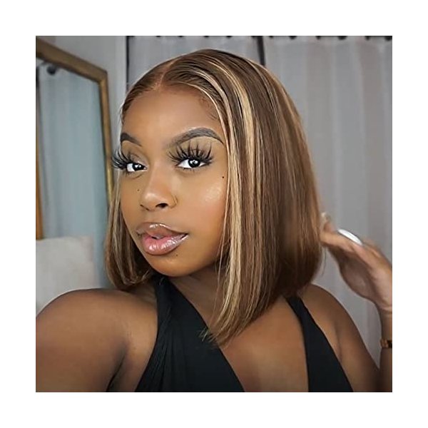 MYSHINYWIGS 4/27 Ombre Highlight Short Bob Wig Straight 13x6 T Part Brazilian Human Hair Wigs for Black Women Honey Blonde Transparent Lace Front Wig 150% Density 14 Inch