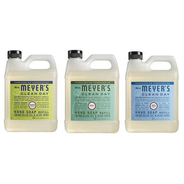 Mrs. Meyers Clean Day Liquid Hand Soap Refill, 1 Pack Lemon Verbena, 1 Pack Basil, 1 Pack Rain water, 33 OZ each