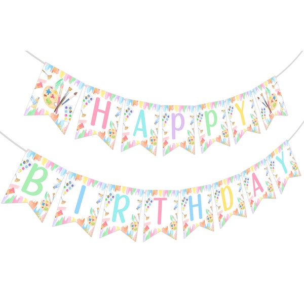Art Birthday Party Decorations Girl Pastel Art Happy Birthday Banner Pre-Strung Macaron Crayon Birthday Banner for Rainbow Art Painting Drawing Artist Theme Birthday Party Supplies