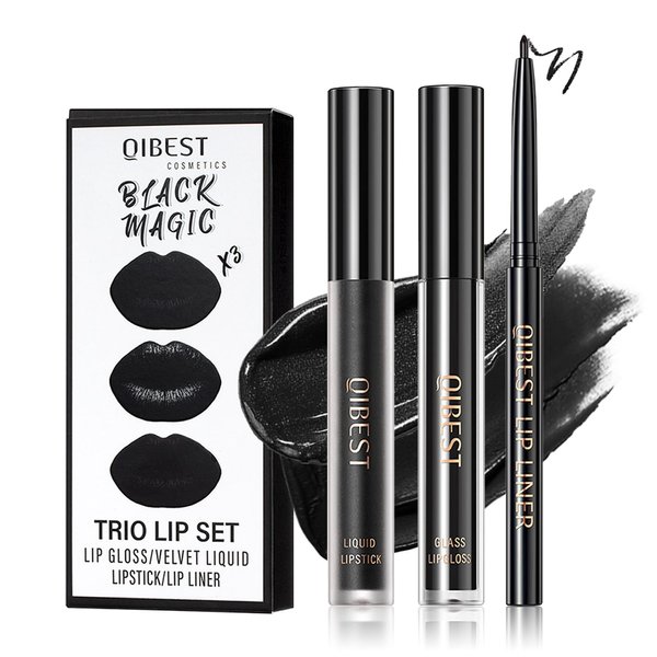 3Pcs Black Lip Liner And Lipstick Set Liquid Matte Lipstick Velvet Charming Long-Lasting Waterproof Lip Gloss Makeup Kit For Halloween Goth Face Body Paint Cosplay Party Accessories Dress Up #12
