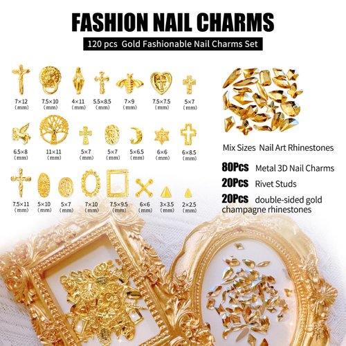 120Pcs 3D Nail Charms Rhinestones for Acrylic Nail Art Design kit Metal Gold Cross Judas Virgin Mary Heart Star Rivet Studs Alloy Gems Vintage Nail Tips Punk Accessories Decoration Jewelry DIY
