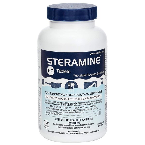 Steramine Sanitizing Tablets, Sanitize Food Contact Surfaces, Model 1-G, 150 Sanitizer Tablets per Bottle, Blue, Pack of 1 Bottle