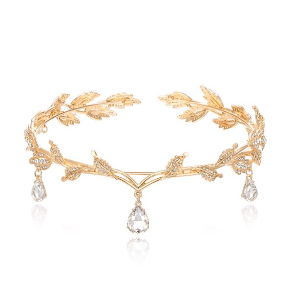 EVER FAITH Wedding Bridal Headband for Bride, Crystal Teardrop Leaf Elf Costume Hair Accessory Tiara Hair Band Crown for Cosplay Birthday Party Christmas Clear Gold-Tone