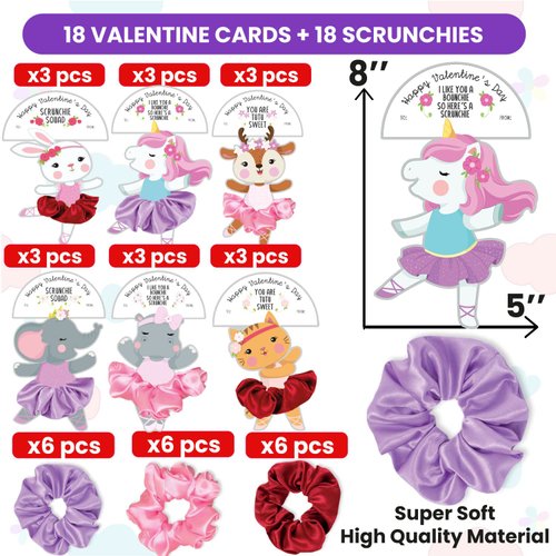 Valentines Day Gifts for Kids 18 Cards with Scrunchie Party Favors for Children. Valentine's Girls Friend Goodie Bag Stuffers, School Class Exchange Bulk Prizes