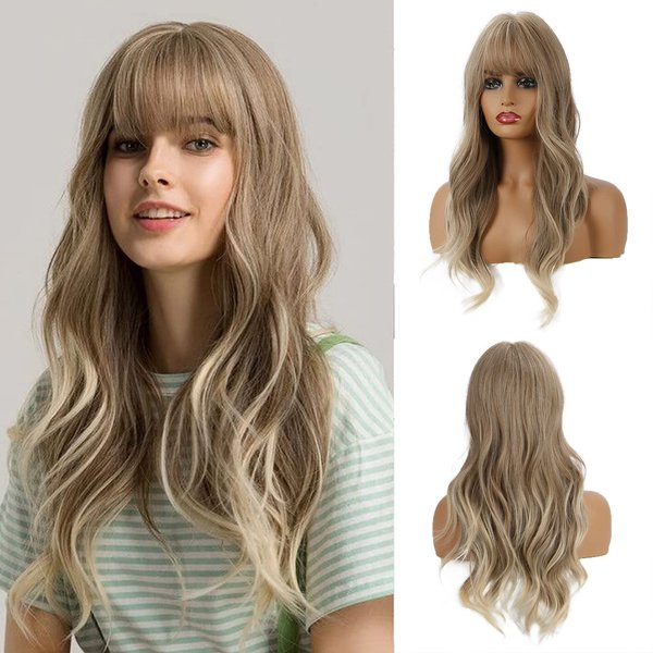 OUFEI 24 Inches Ash Blonde Wigs With Bangs for Women Natural Synthetic Wavy Wigs Heat Resistant Hair Long Wigs for Daily Party Wear