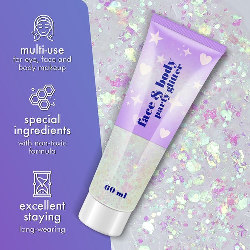 Body Glitter Gel, 2 Jars Holographic Chunky Glitter Makeup for Body, Hair, Face, Nail, Lip, Eyeshadow, 120ml Long Lasting Iridescent Chunky Glitter for Concert Festival Rave (White & Red)
