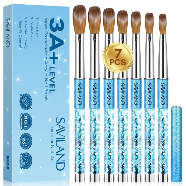 Saviland Acrylic Nail Brush Set – 7 PCS Acrylic Nail Brushes for Acrylic Application, Blue Mermaid Princess Handle Acrylic Powder Brushes for Nails Extension & 3D Nail Carving, Size #4/6/8/10/12/14/16