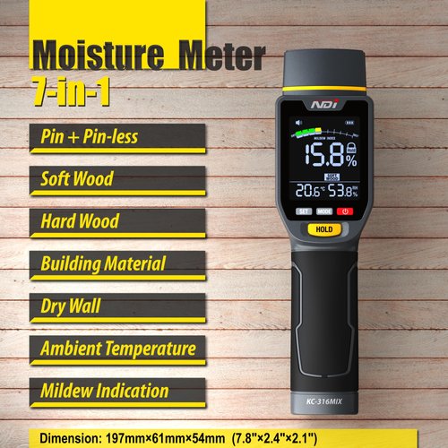 NDI 7 in 1 Pin-Type and Non-invasive Moisture Meter Scanner for Dry Wall/Cement Board/Soft Wood/Hard Wood upto 3/4 Inch Depth