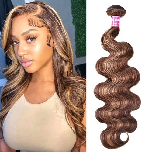 UNice Honey Blonde Highlight Body Wave Human Hair Weave 1 bundle 18 inch, Brazilian Remy Hair Dark Root Ombre Blonde Human Hair Extensions for Sew In TL412 Color