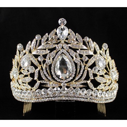 Janefashions Fantastic Clear White Austrian Crystal Rhinestone Tiara Crown Hair Combs Veil Headband Gold Silver Princess Queen Theater Headpiece Party Event Prom Pageant T1855 (Gold With Combs)