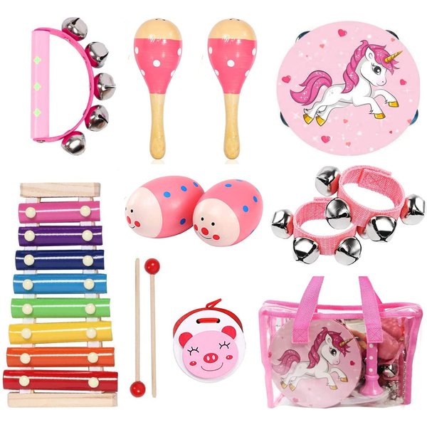 Kids Musical Instruments Sets, 12pcs Wooden Percussion Instruments Toys Tambourine Xylophone for Kids Playing Preschool Education, Early Learning Musical Toys for Boys Girls Gift (Pink)