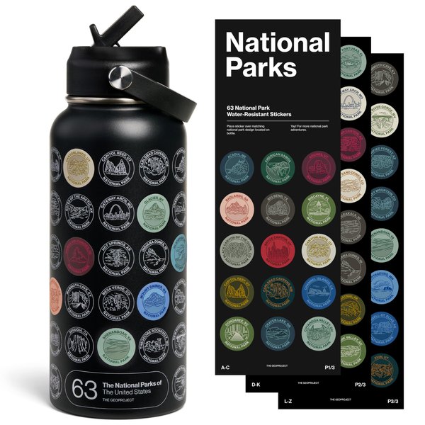 THE GEOPROJECT National Parks Water Bottle with Stickers Kit, Adventure Flask with Straw, Waterproof Stickers for Water Bottle, Insulated Stainless Steel 32oz (Black)