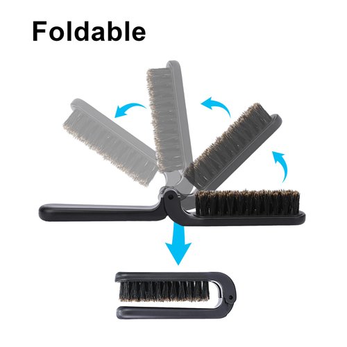 2 Pcs Travel Folding Boar Bristles Hair Brush, Collapsable Pocket Anti-Static Range Mini Beard and Hair Styling Tool for Women and Men (Black)
