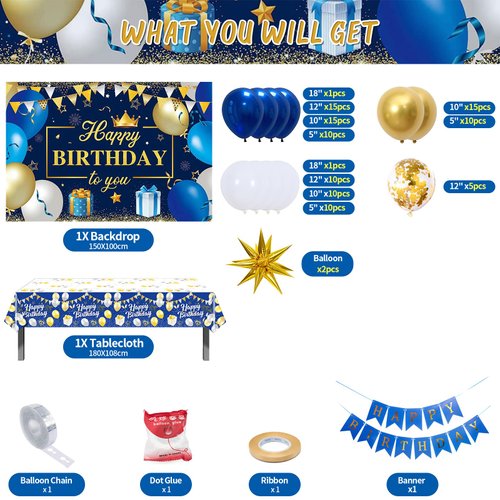 Blue Gold Birthday Party Decorations, 127PCS Happy Birthday Party Supplies Including Backdrop, Balloon Arch/Garland Kit, Tabblecloth, Banner for Men Women