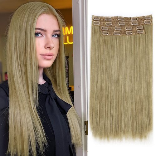 Sué Exquisite Straight Hair Extensions Clip in Long Synthetic Hair Extensions 20 inches Thick Hairpieces for Women (20 Inch, ST-Ash Blonde Mix Bleach Blonde)