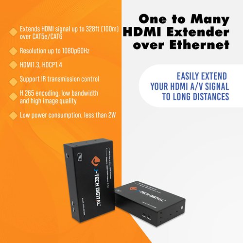 J-Tech Digital HDMI Extender 1080P 60Hz Over Single Cat5e/6 up to 328ft (100m) | One to Many Setup Over LAN, IR Pass, H.265 Encoding, Low Bandwidth [JTECH-EX100M2R] (RX Only)