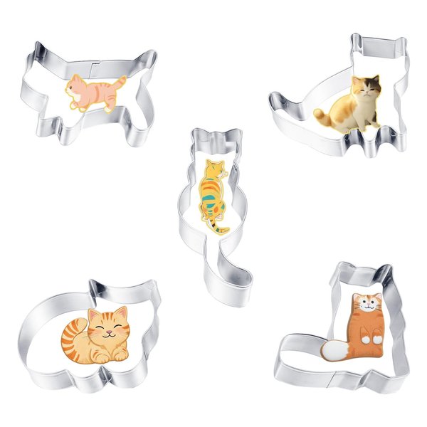 5 Pcs Cat Cookie Cutter, Safe Stainless Funny Cookie Cutters with 5 Different Cat Shapes Reusable Washable Cookies Cutter Set for Kitchen Baking Dessert Making