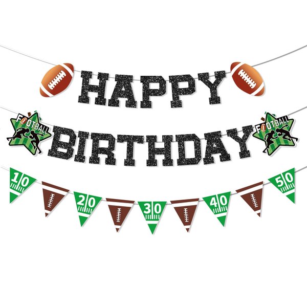Glitter Football Birthday Decorations Banner NO DIY Football Theme Black Happy Bady Bunting Sign Party with Football Birthday Decorations for Football Themed Game Sport Birthday Party Supplies