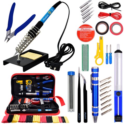 60W Adjustable Temperature Soldering Iron Kit - Soldering Stand, Tips, Desoldering Pump, Wire Cutter, Tweezers, Solder Paste, Heatshrink Tubes from Plusivo