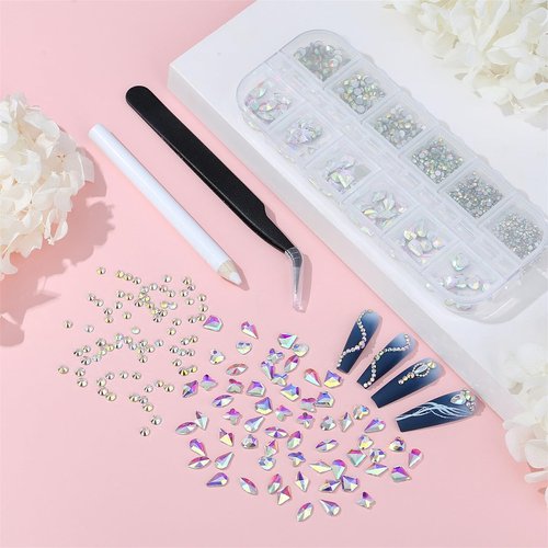YATOJUZI Rhinestones for Nails kit Crystal Ab Gems Flatback Irregular Round Rhinestone with Pick Up Tweezers and Pen Nail Charms Jewels for Nail Art DIY Decor Face Body Makeup Party Concerts 1440pcs