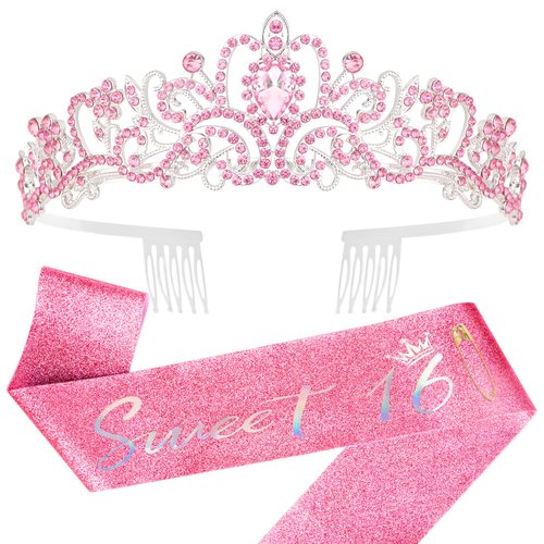 YARIEW Sweet 16 Birthday Decorations for Girls, Pink Sweet 16 Sash and Tiara, Birthday Crown and Sash, 16th Birthday Gifts for Girls, Sweet Sixteen Gifts for Girls