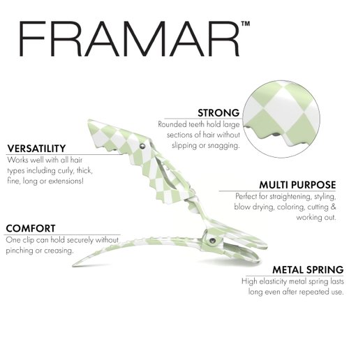 FRAMAR Checkered Hair Clip Set - Alligator Clips For Hair Styling, Hair Styling Clips Sectioning, Barber Hair Clips, Barber Supplies, Green Hair Clips For Women Styling, Salon Hair Clips – 4 Pack